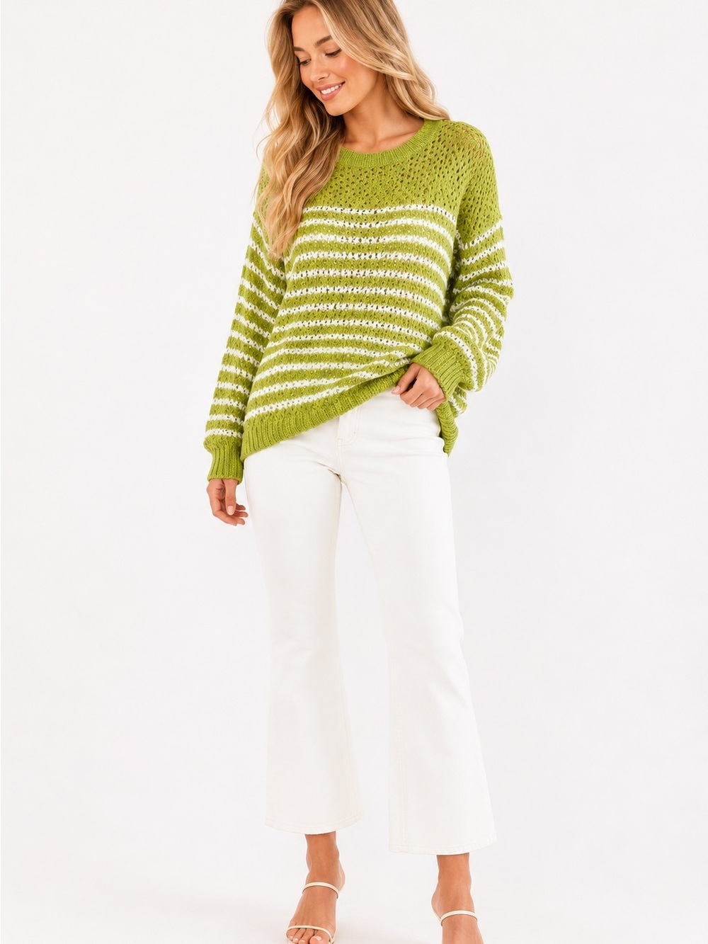 Coldwater Creek Lime Green & White Striped Open-Knit Sweater Small